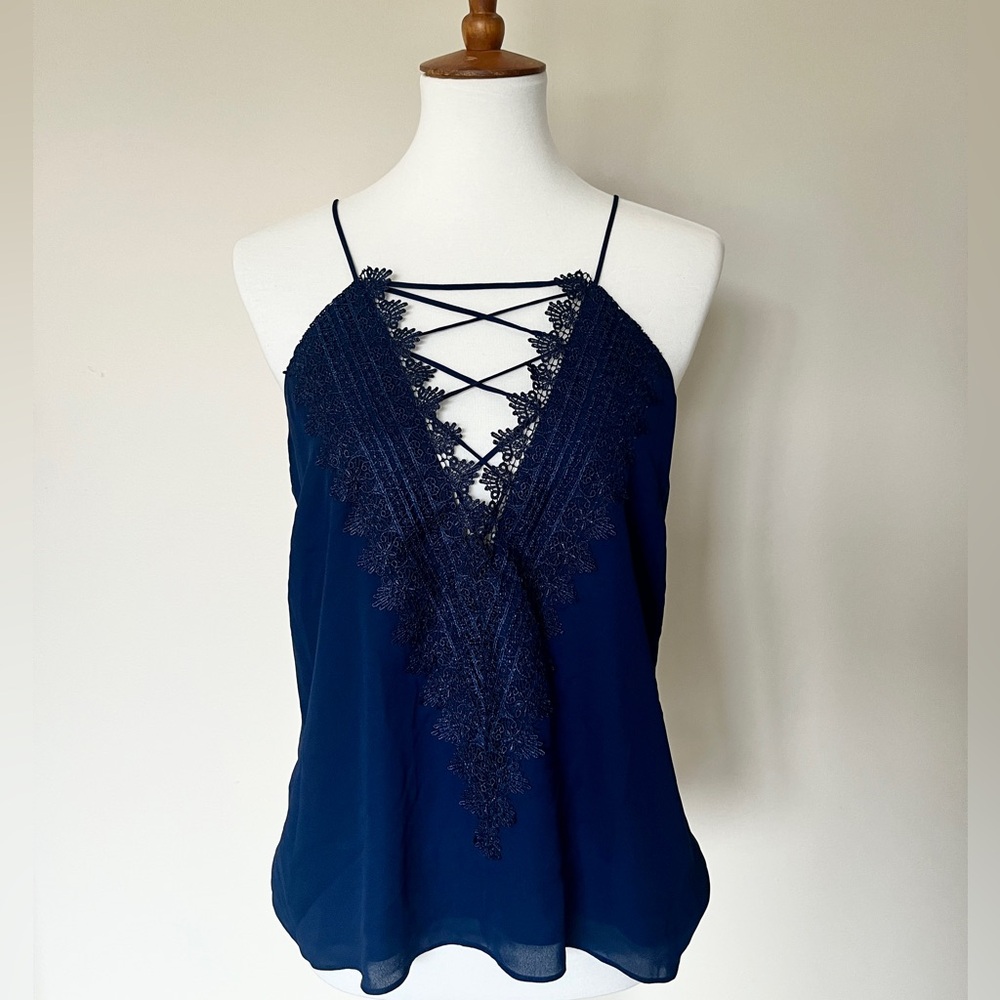 Wayf Navy Camisole with Lace and Crisscross Detail